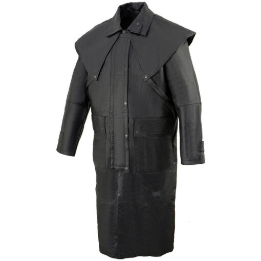 Men's Black Leather Trench Coat Western Style Cowhide Duster