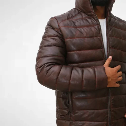 Dark Brown Mens Downs Leather Puffer Jacket - Image 5