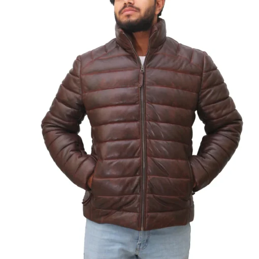 Dark Brown Mens Downs Leather Puffer Jacket