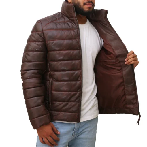 Dark Brown Mens Downs Leather Puffer Jacket - Image 4