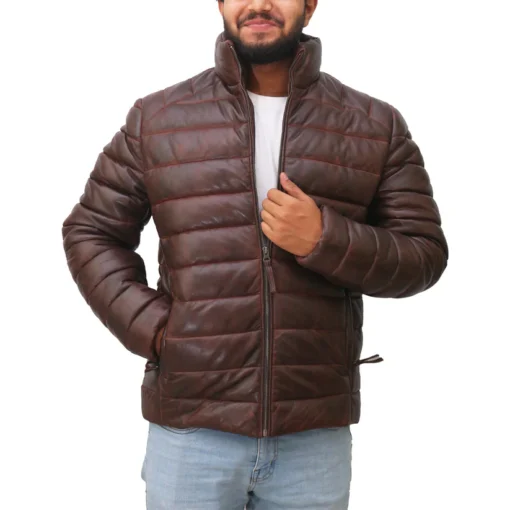 Dark Brown Mens Downs Leather Puffer Jacket - Image 3