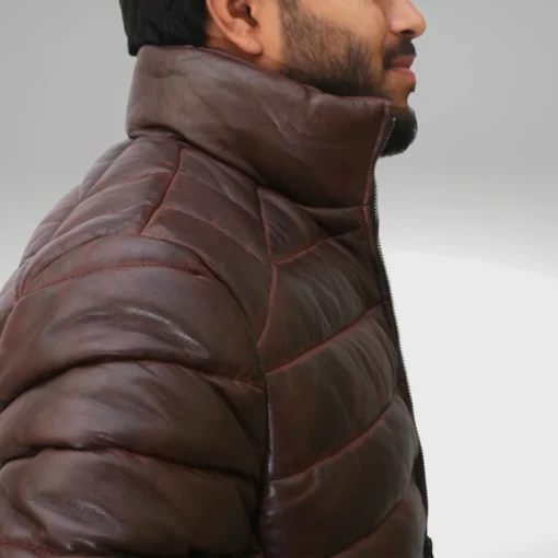 Dark Brown Mens Downs Leather Puffer Jacket - Image 6