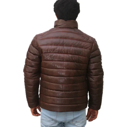 Dark Brown Mens Downs Leather Puffer Jacket - Image 2