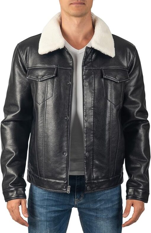 Black Sherpa Collar Leather Trucker Jacket Mens - Image 5