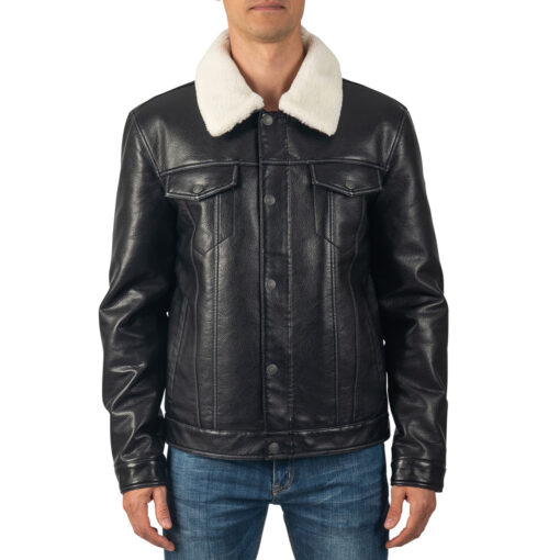 Black Sherpa Collar Leather Trucker Jacket Mens