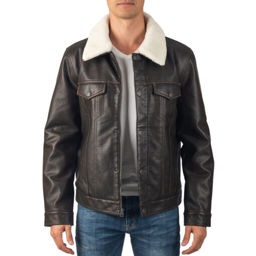 Dark Brown Leather Trucker Jacket with Sherpa Collar