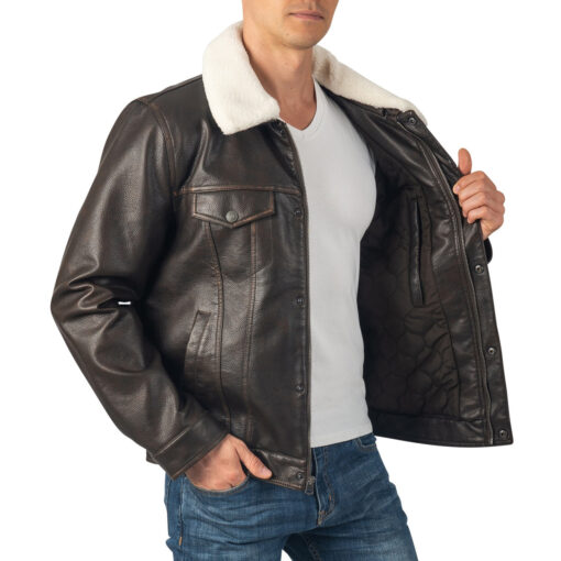 Dark Brown Leather Trucker Jacket with Sherpa Collar - Image 3