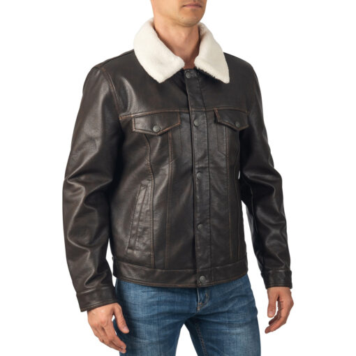 Dark Brown Leather Trucker Jacket with Sherpa Collar - Image 4