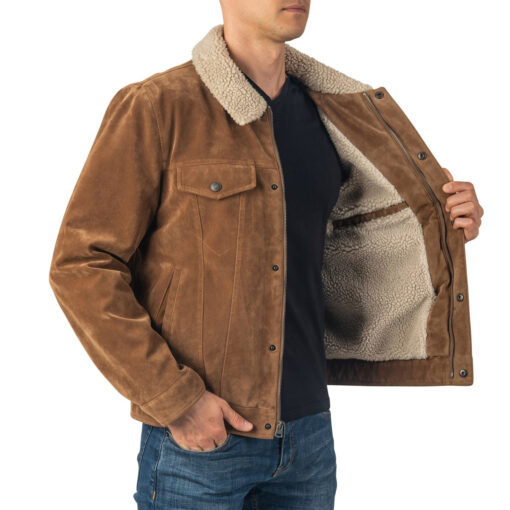 Men's Brown Suede Trucker Jacket With Sherpa Lining - Image 3