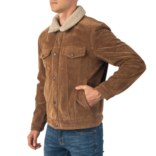 Men's Brown Suede Trucker Jacket With Sherpa Lining - Image 2