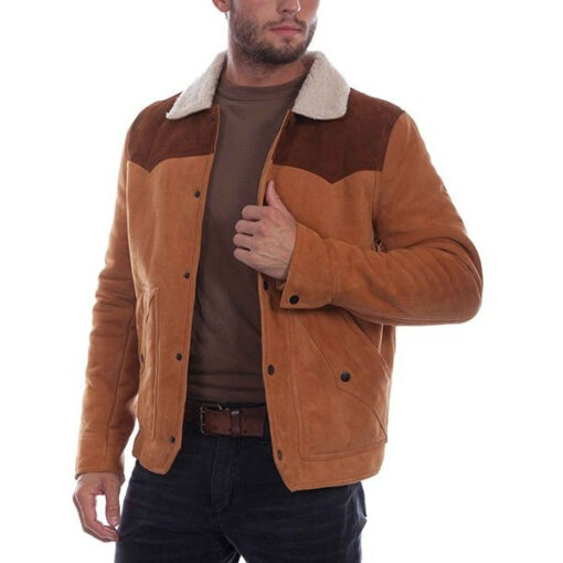 Men's Dual Tone Suede Leather Jacket w/ Sherpa Collar