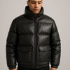 Black Leather Puffer Jacket With Flap Pockets