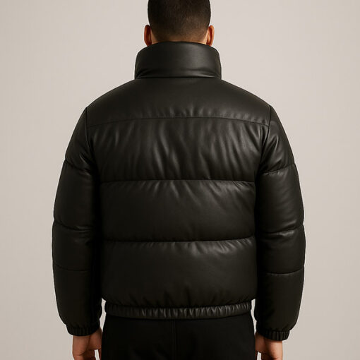 Black Leather Puffer Jacket With Flap Pockets - Image 2