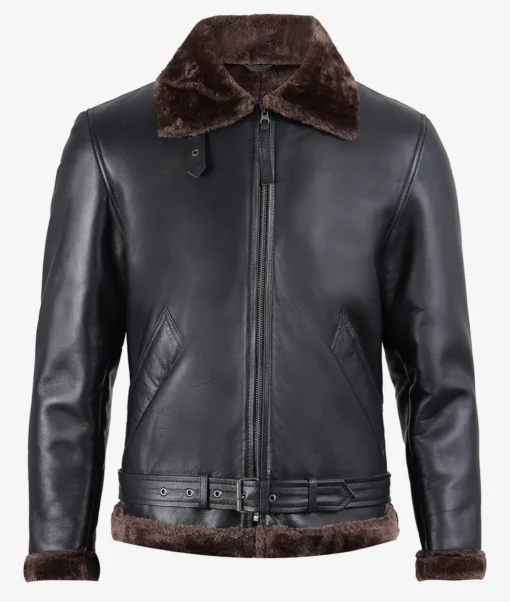Men's Classic Black Sherpa Leather Jacket w/ Brown Fur - Image 5