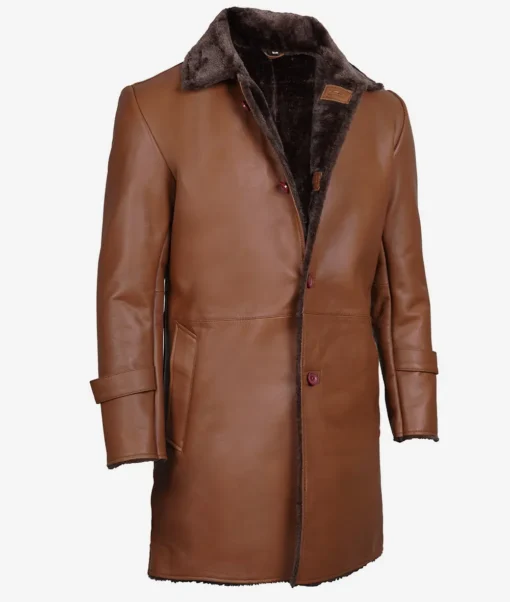 Men's 3/4 Length Cognac Leather Sherpa Coat - Image 3