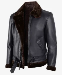 Men's Classic Black Sherpa Leather Jacket w/ Brown Fur