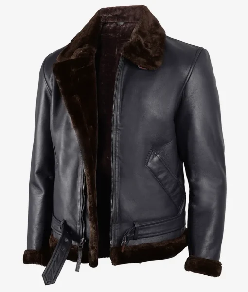 Men's Classic Black Sherpa Leather Jacket w/ Brown Fur