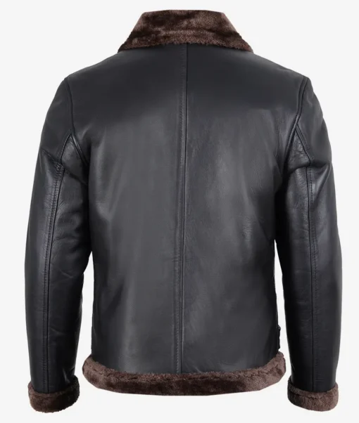 Men's Classic Black Sherpa Leather Jacket w/ Brown Fur - Image 3