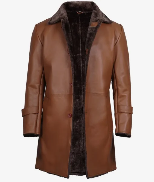 Men's 3/4 Length Cognac Leather Sherpa Coat - Image 5