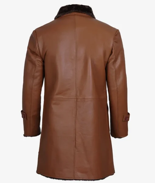 Men's 3/4 Length Cognac Leather Sherpa Coat - Image 2