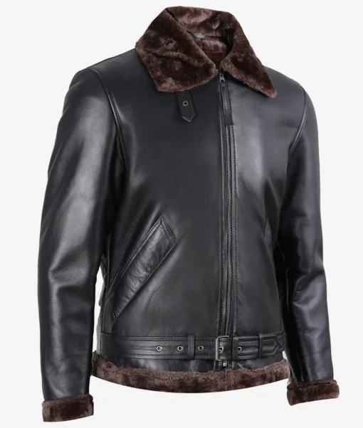 Men's Classic Black Sherpa Leather Jacket w/ Brown Fur - Image 6