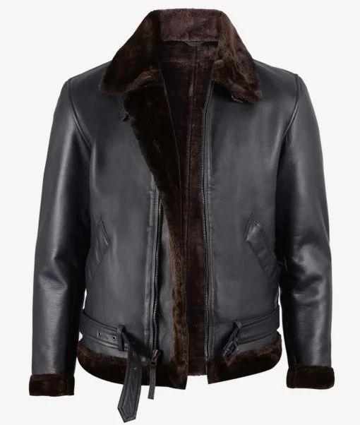 Men's Classic Black Sherpa Leather Jacket w/ Brown Fur - Image 2