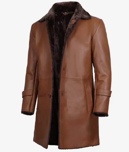 Men's 3/4 Length Cognac Leather Sherpa Coat