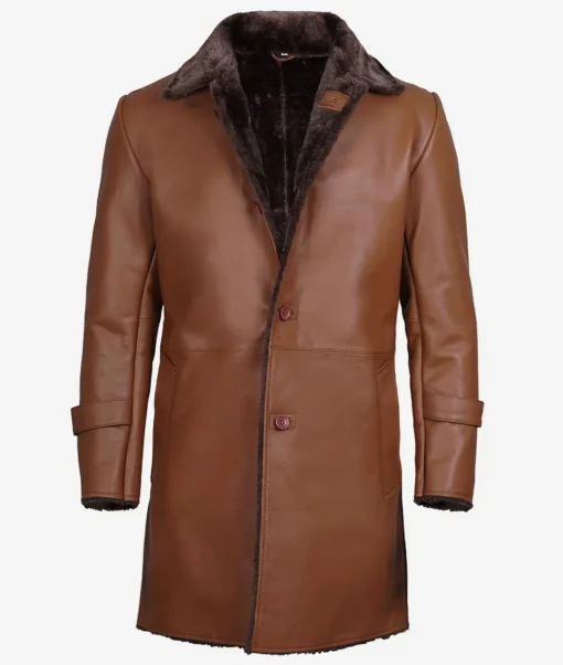 Men's 3/4 Length Cognac Leather Sherpa Coat - Image 4