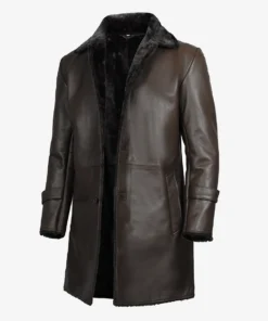 3/4 Length Mens Dark Brown Sherpa Leather Coat