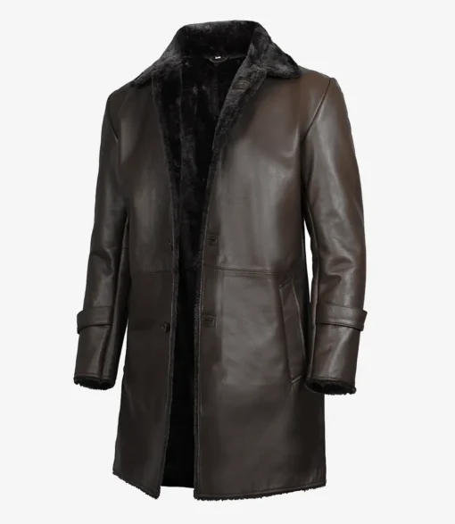 3/4 Length Mens Dark Brown Sherpa Leather Coat