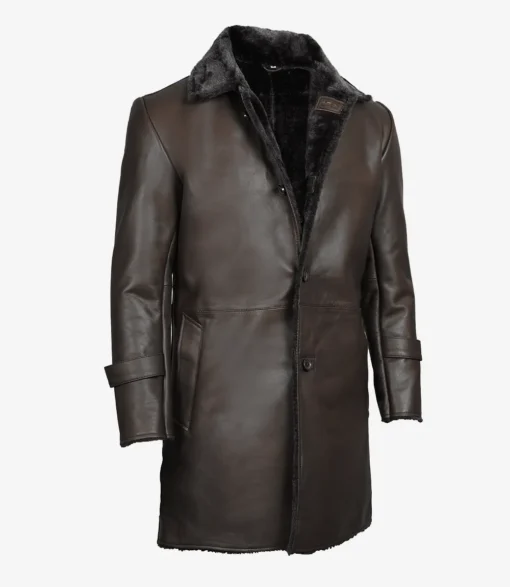 3/4 Length Mens Dark Brown Sherpa Leather Coat - Image 3
