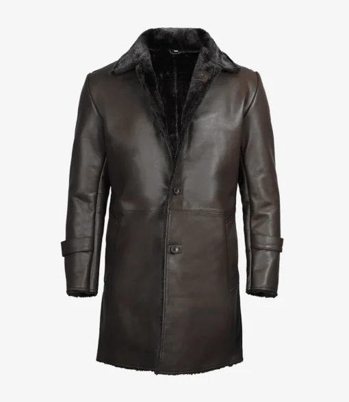 3/4 Length Mens Dark Brown Sherpa Leather Coat - Image 2