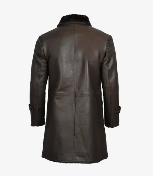 3/4 Length Mens Dark Brown Sherpa Leather Coat - Image 5