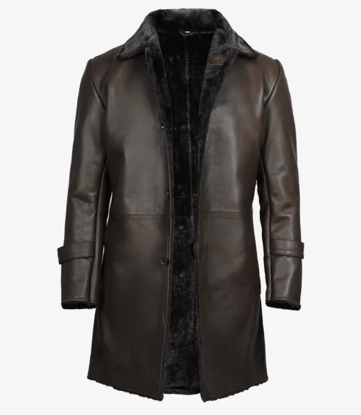 3/4 Length Mens Dark Brown Sherpa Leather Coat - Image 4