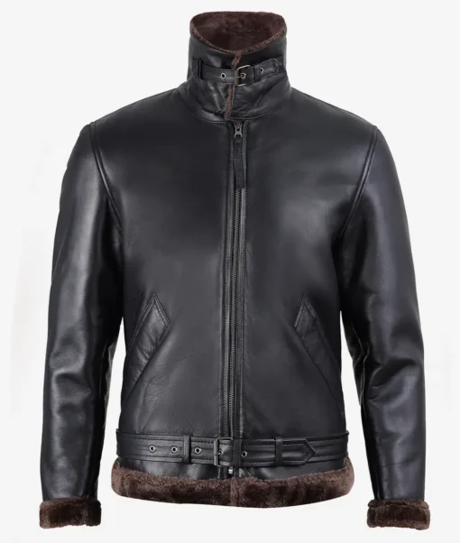 Men's Classic Black Sherpa Leather Jacket w/ Brown Fur - Image 4