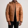 Men's Tan Brown Hooded Leather Puffer Jacket