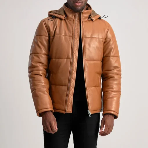 Men's Tan Brown Hooded Leather Puffer Jacket
