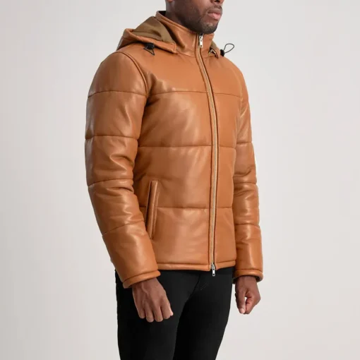 Men's Tan Brown Hooded Leather Puffer Jacket - Image 6