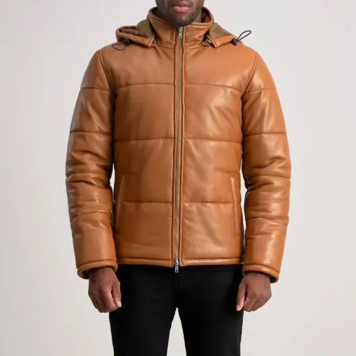 Men's Tan Brown Hooded Leather Puffer Jacket - Image 5