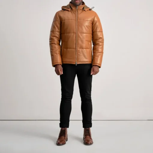 Men's Tan Brown Hooded Leather Puffer Jacket - Image 4