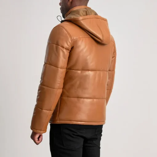 Men's Tan Brown Hooded Leather Puffer Jacket - Image 3