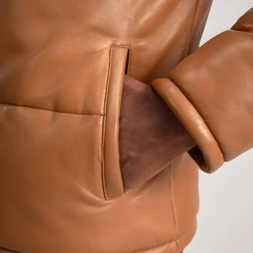 Men's Tan Brown Hooded Leather Puffer Jacket - Image 2