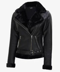 Sherpa Leather 153 Alternative view of Women's Asymmetrical Black Shearling Moto Jacket