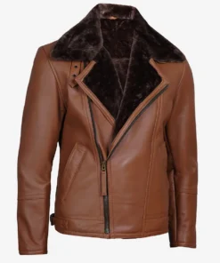 Sherpa Leather 66 Men's Asymmetrical Zipper Cognac Leather Moto Jacket with Fur